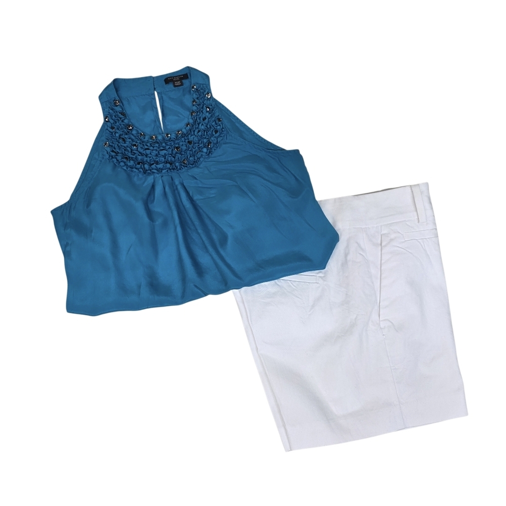 Ann Taylor White Women's Top And Shorts Sz 00 Steel Blue Top Sz XSP